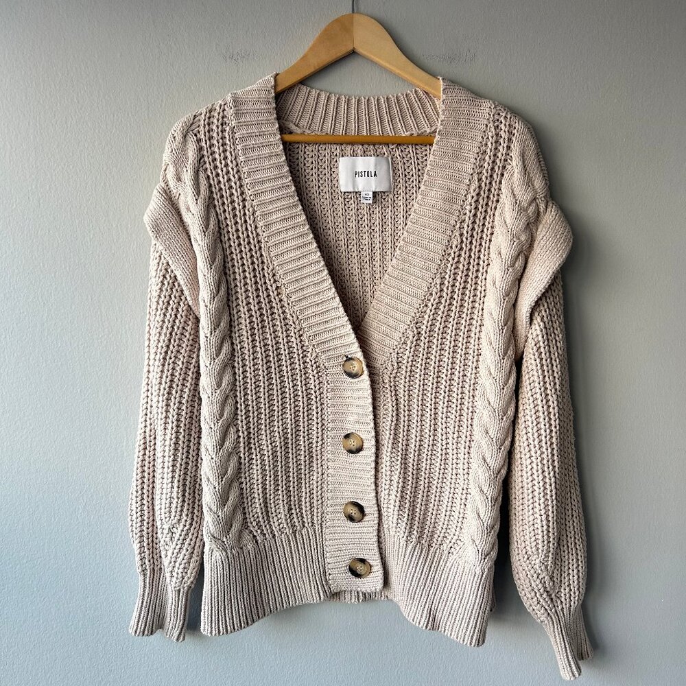 Pistola Cable Knit Cardigan Women XS Beige Chunky Knit Cotton - Picture 2 of 9